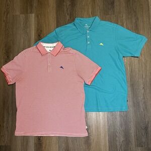 Tommy Bahama Polo Shirt Mens Medium Lot Of 2 Teal Red‎ Stripe Golf Beach Casual